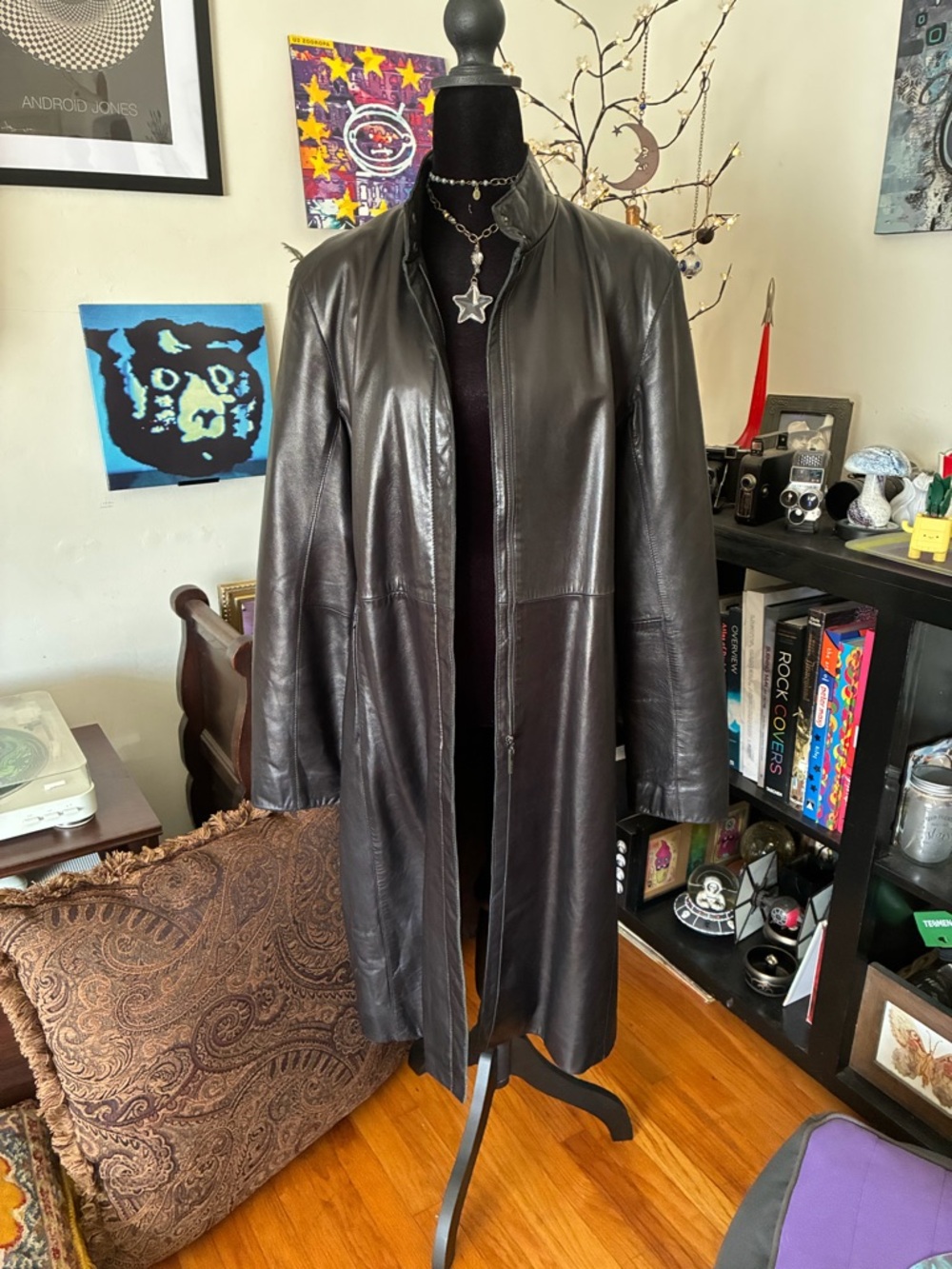 Vintage 90’s Anne Klein Black Leather Jacket with rare button collar